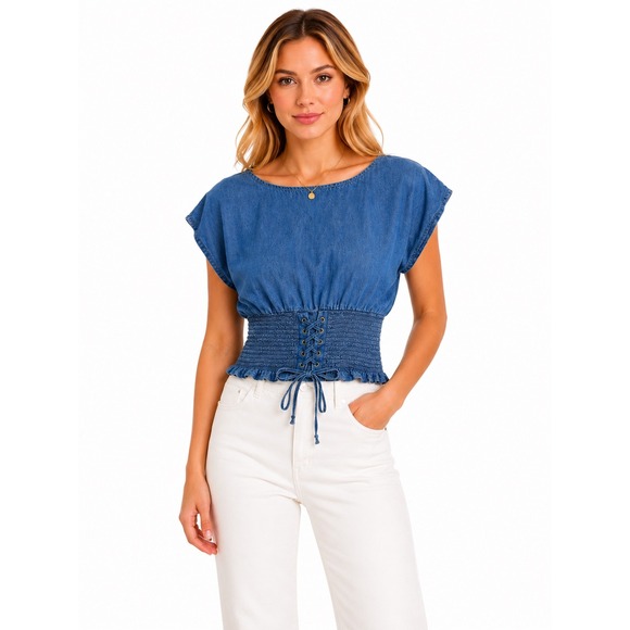 Tea Rose Tops - Tea Rose Denim Corset Top Women S Blue Cotton Lace Up Waist Smocked Boho Peasant
